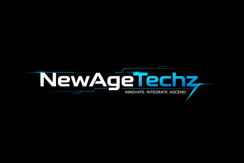 make a website logo with the background black for the word "NewAgeTechz" usin the colours black blue and white